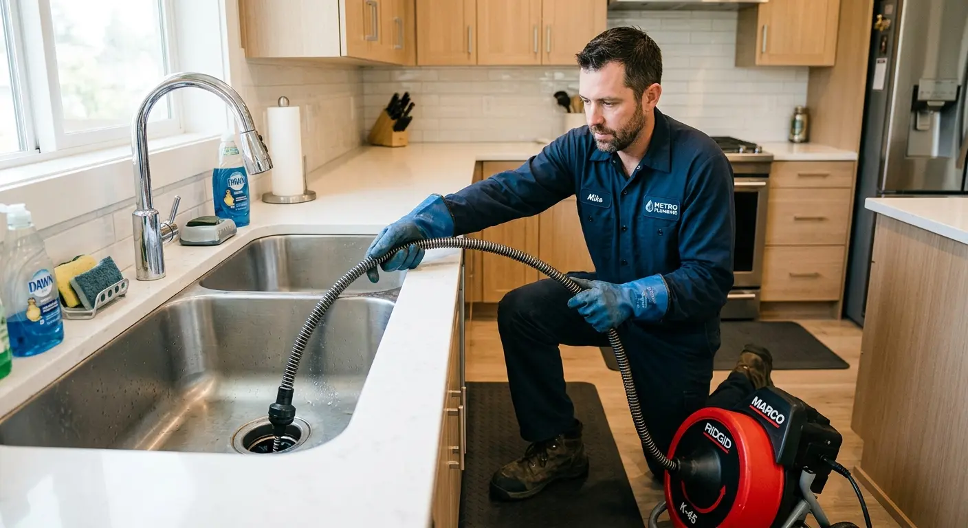 Drain cleaning technician using a motorized snake on a kitchen sink in Evansville