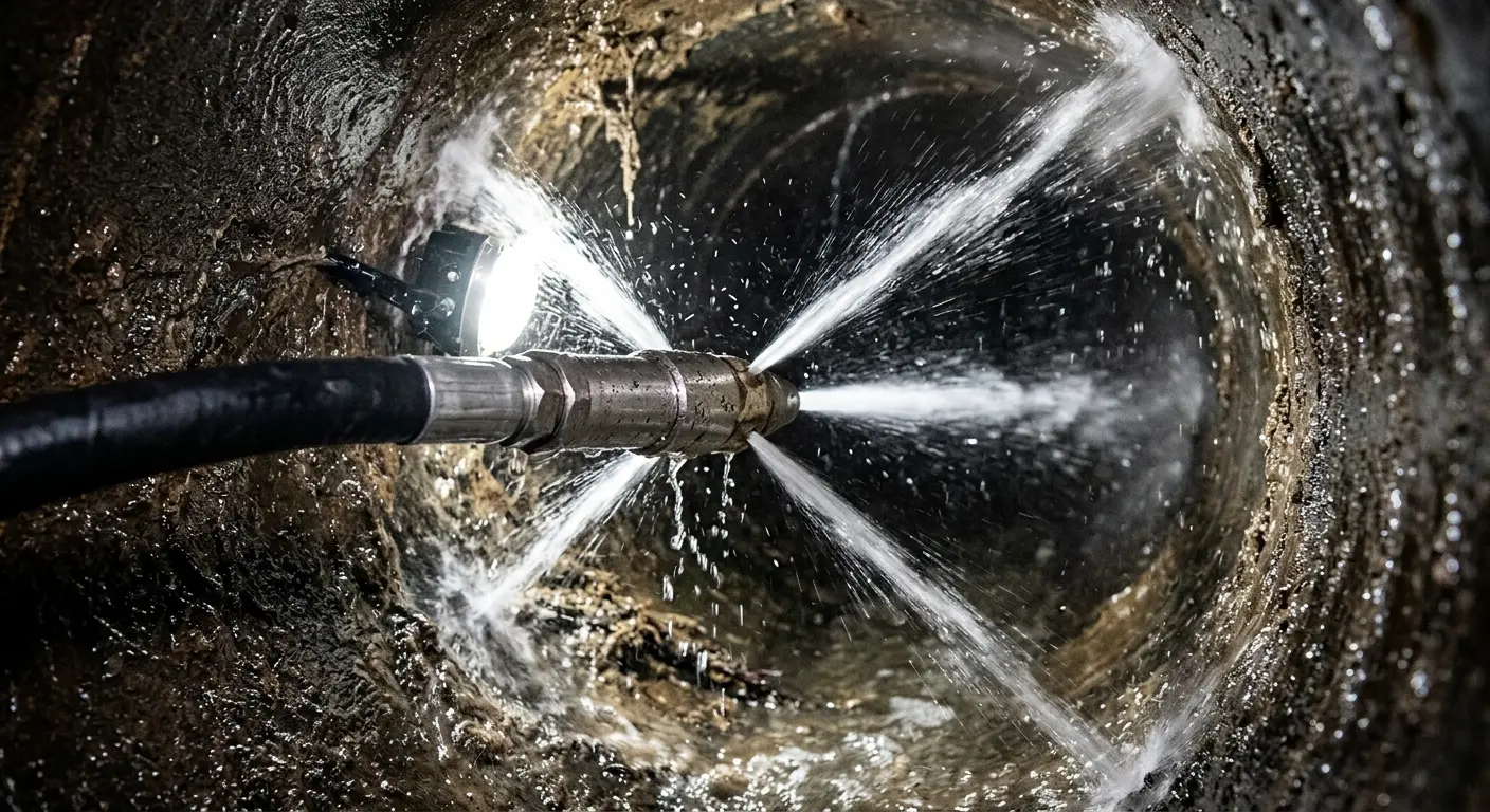High-pressure hydro jetting nozzle cleaning sewer pipe for Sewer Cleanout in Evansville