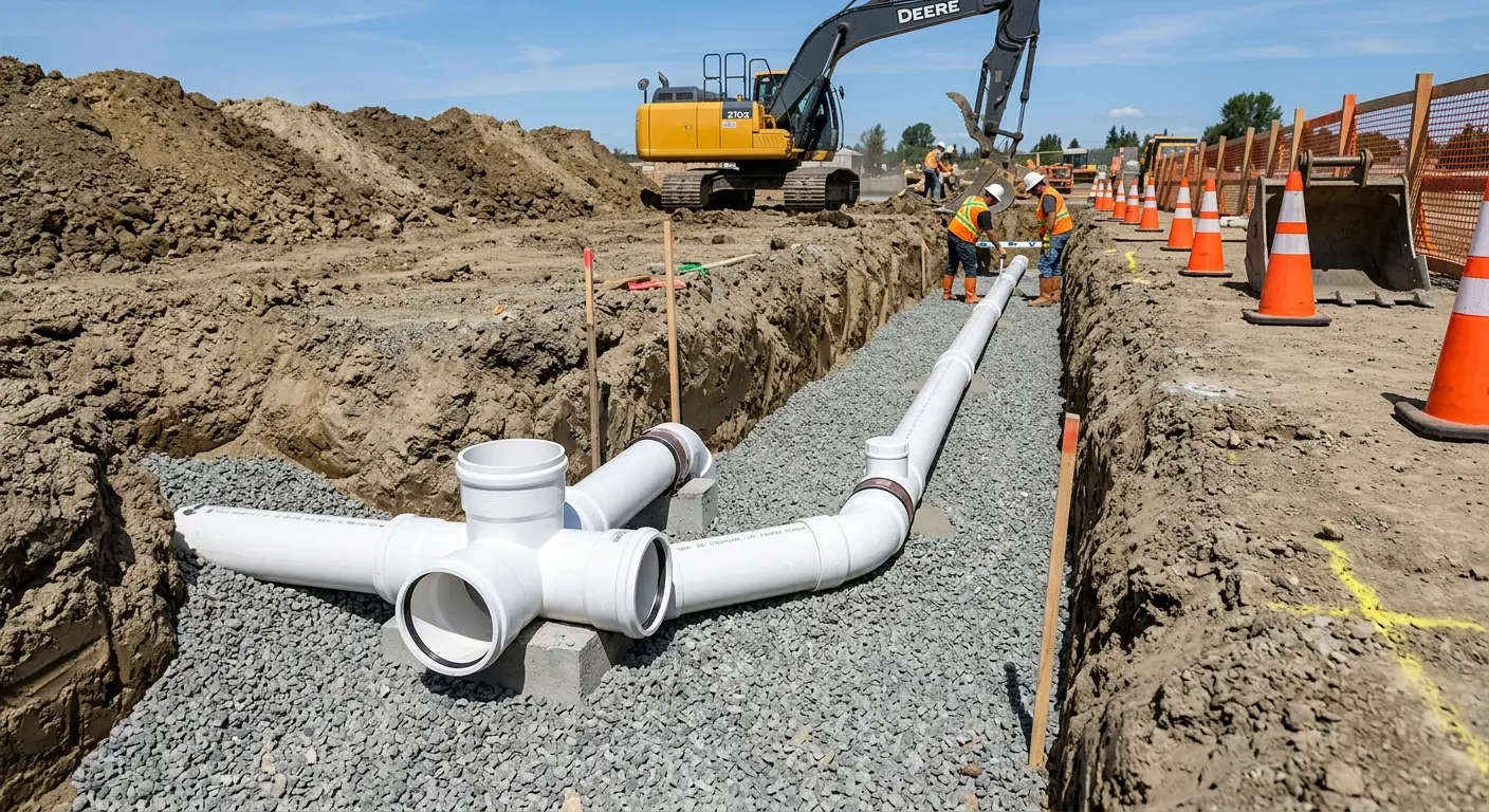 New PVC sewer pipe installation in open trench for Sewer Backup in Evansville