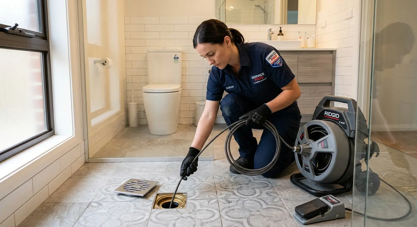 Technician clearing a bathroom floor drain for Hydro Jetting in Evansville